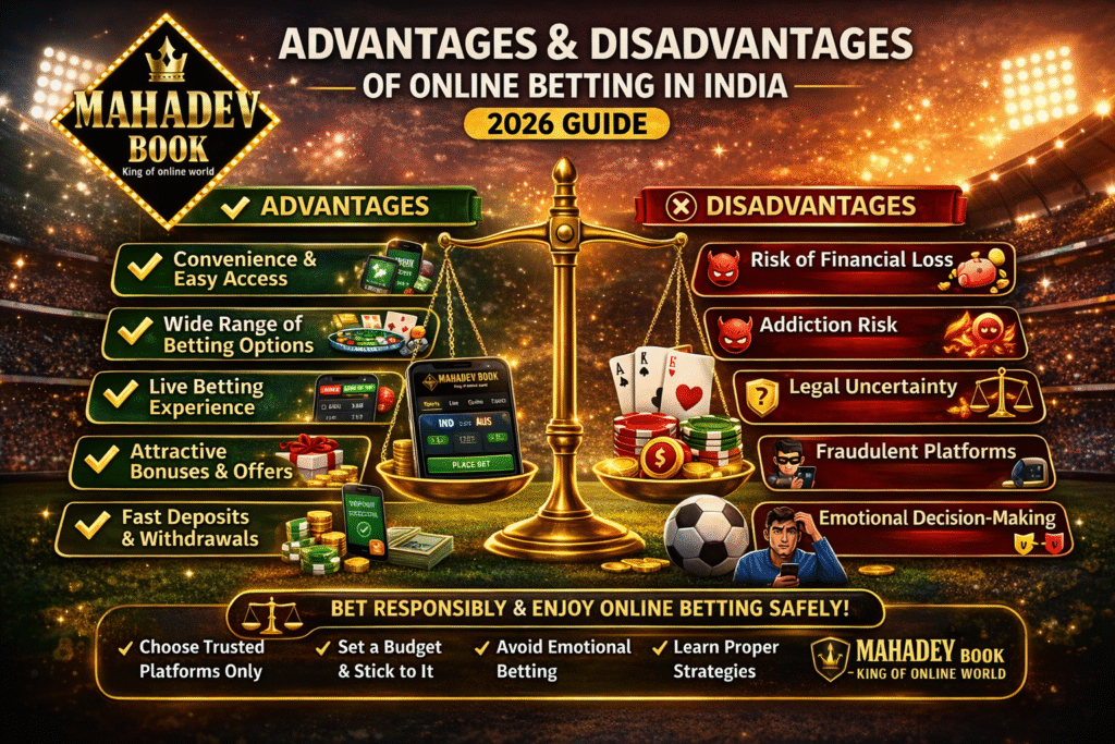 advantages and disadvantages of online betting in India 2026 Mahadev Book infographic with cricket casino and betting app
