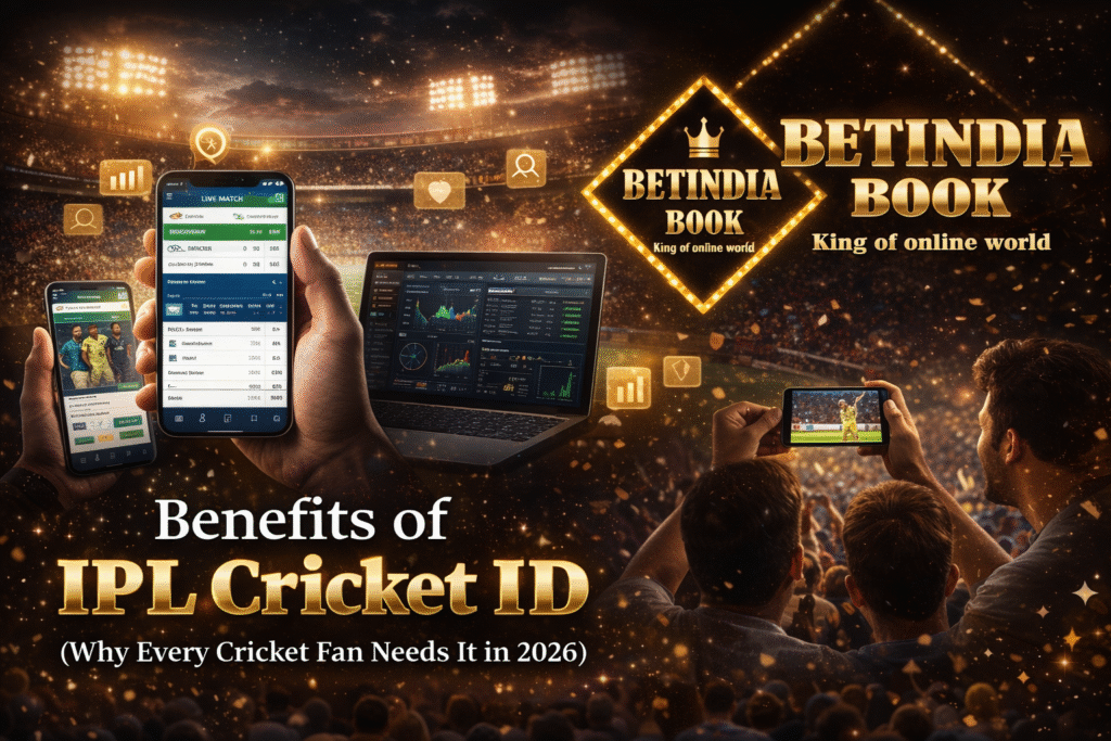 "Benefits of IPL Cricket ID 2026 with BetIndia Book dashboard, live match stats and cricket fans using mobile apps"