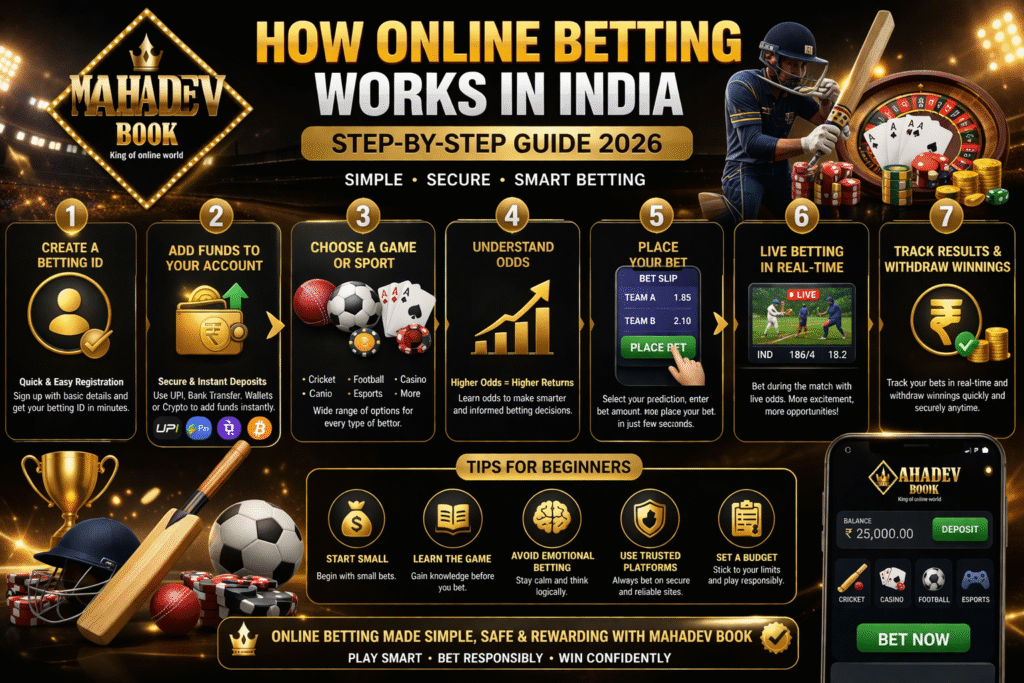 how online betting works in India 2026 step by step guide Mahadev Book with betting ID, odds, live betting and withdrawal process