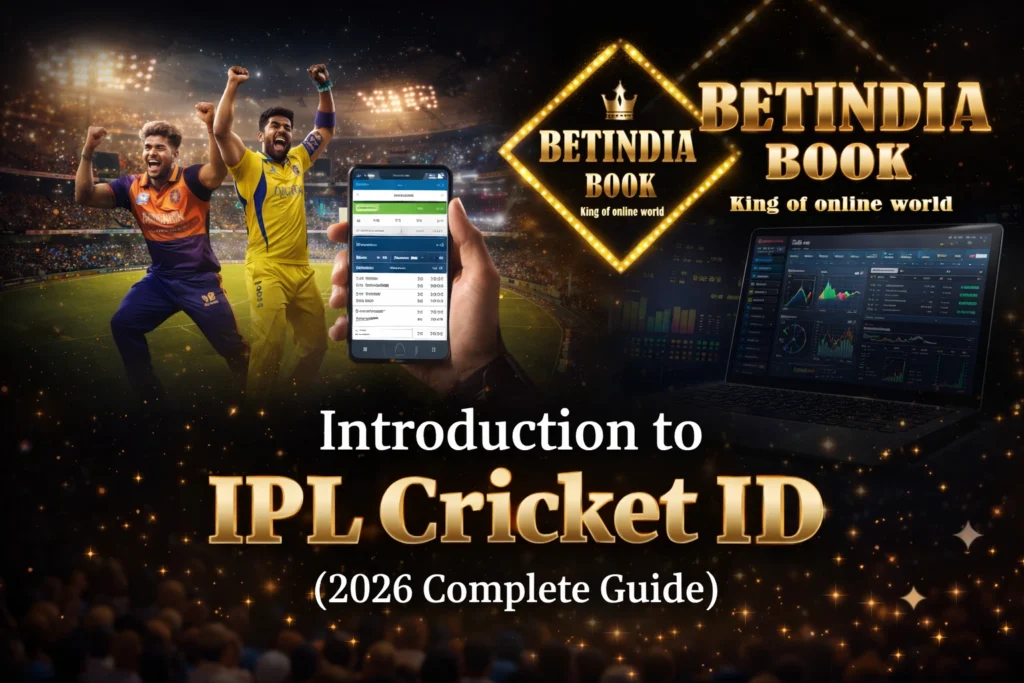 IPL Cricket ID 2026 dashboard with BetIndia Book logo, live match stats and cricket players"