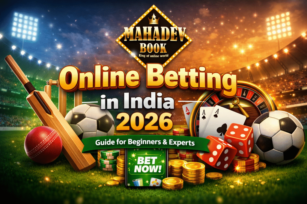 Mahadev Book online betting India 2026 banner with cricket bat, football, casino chips and betting app interface
