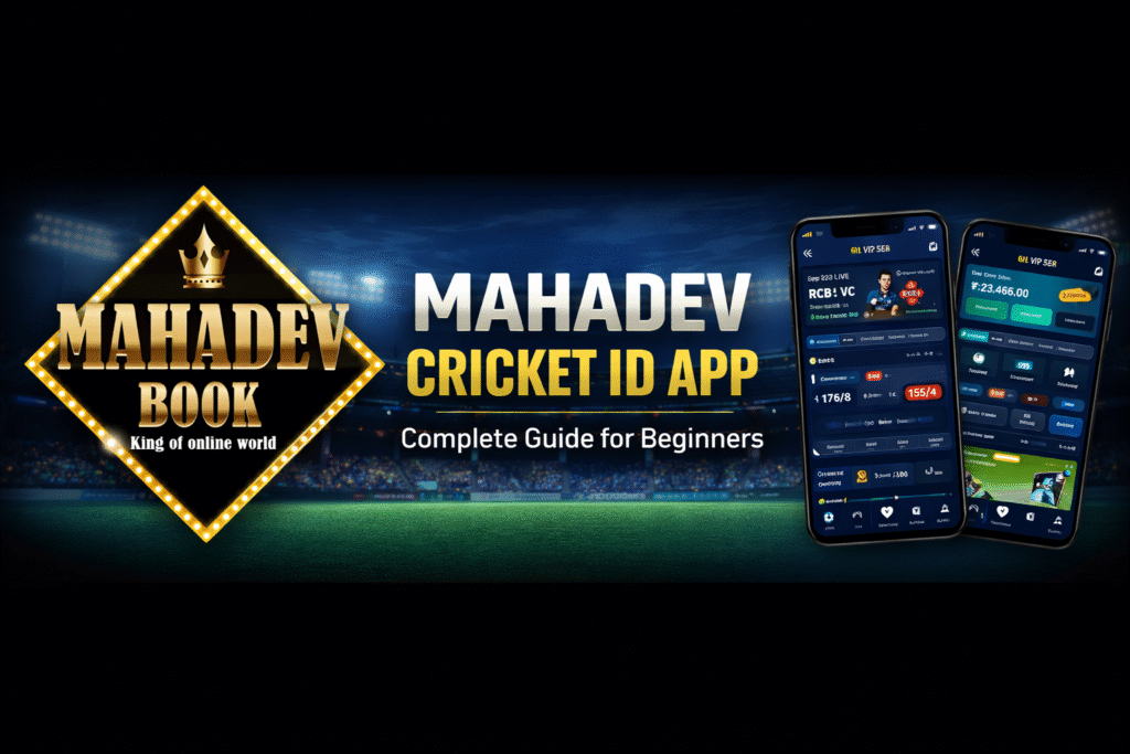 Mahadev Cricket ID App banner with Mahadev Book logo and live cricket dashboard interface