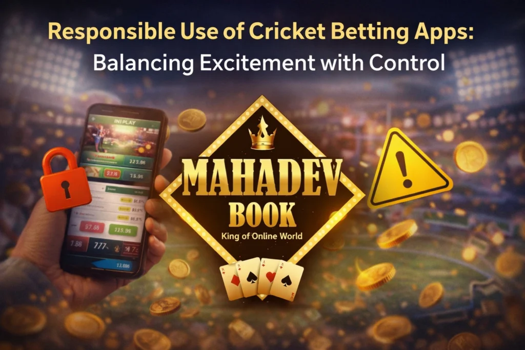 Responsible use of cricket betting apps with Mahadev Book logo showing control and safe betting concept