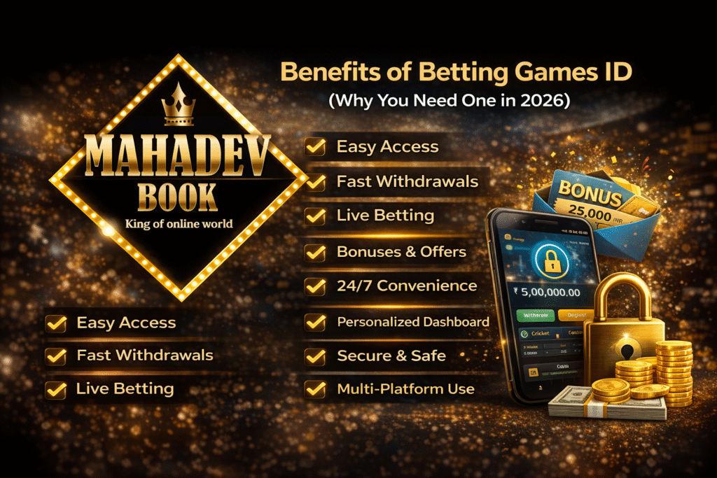 Benefits of betting games ID India 2026 Mahadev Book banner showing easy access fast withdrawal live betting bonuses and secure platform