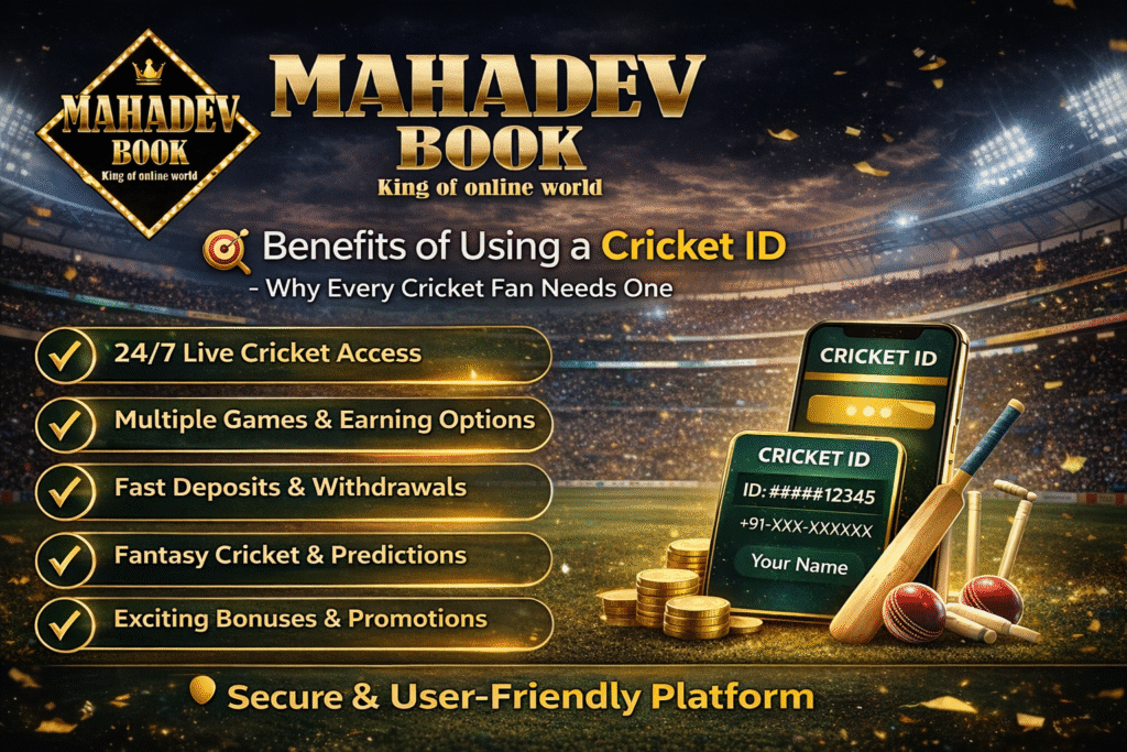 Benefits of Cricket ID Mahadev Book with live cricket stadium background, mobile cricket ID display and online cricket features