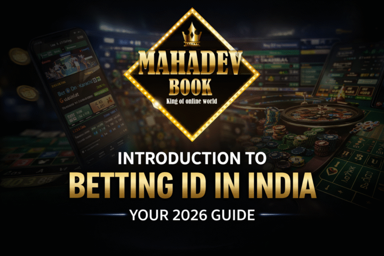 Betting ID in India 2026 guide with Mahadev Book logo, cricket betting app, and casino interface