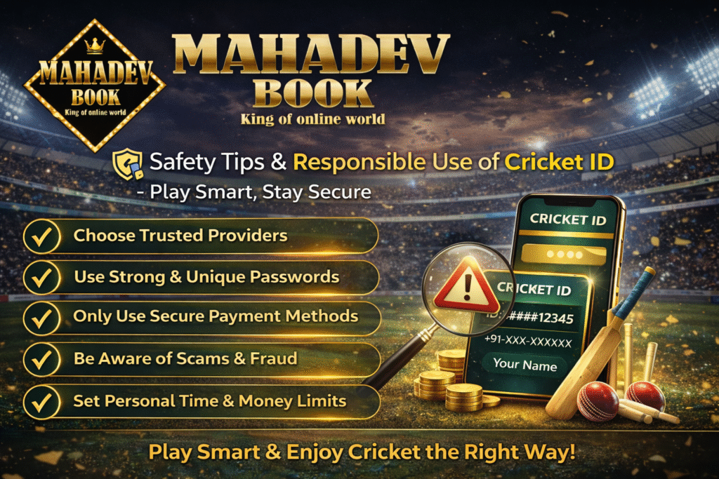 Cricket ID safety tips Mahadev Book secure online use with cricket stadium background and mobile cricket ID display