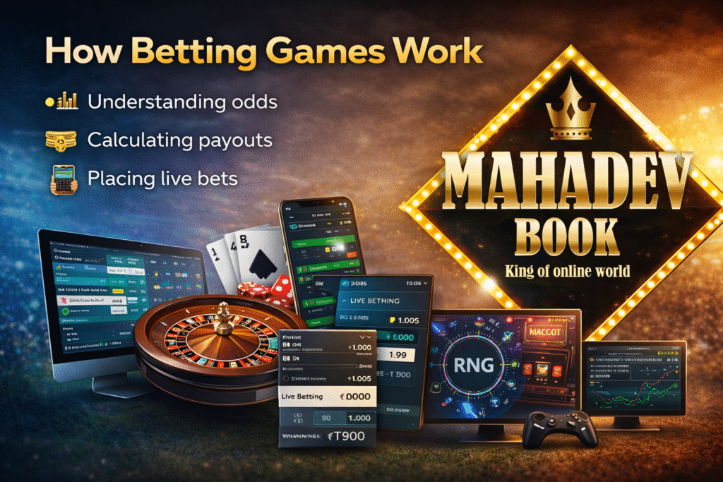 How betting games work with Mahadev Book logo showing betting odds, live betting system, betting slip, and online sports betting process in India