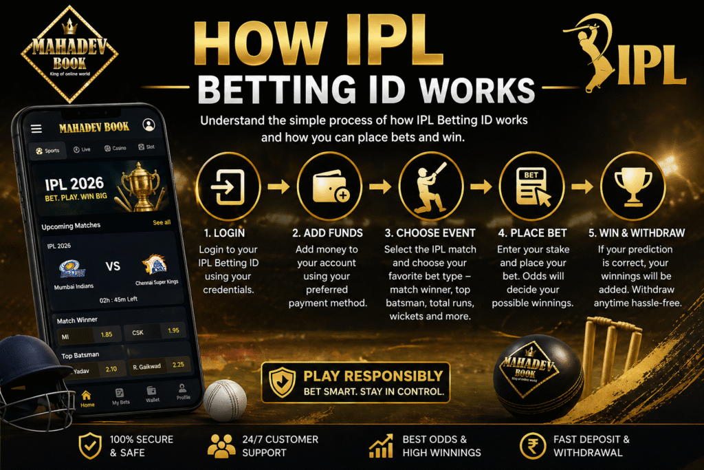 How IPL betting ID works with Mahadev Book logo and betting dashboard concept