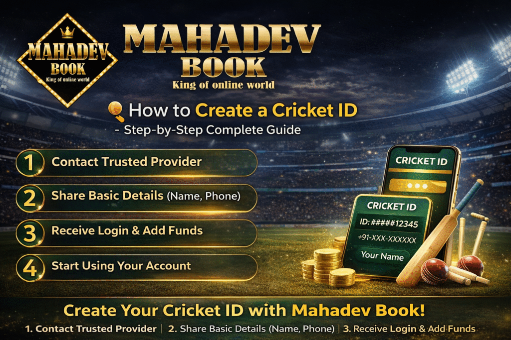 How to create Cricket ID step by step guide by Mahadev Book with live cricket stadium background and mobile cricket ID screen