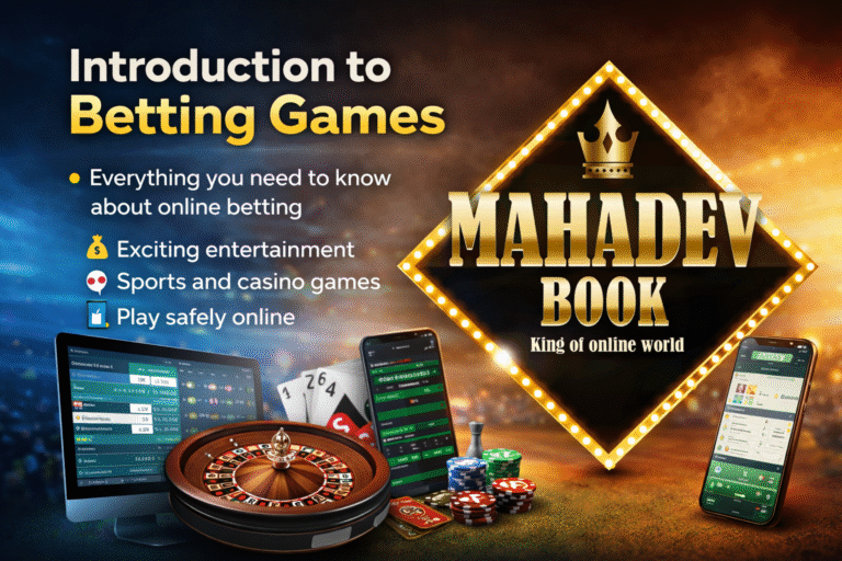 Introduction to Betting Games with Mahadev Book logo showing online sports betting, casino games, and live betting platforms in India
