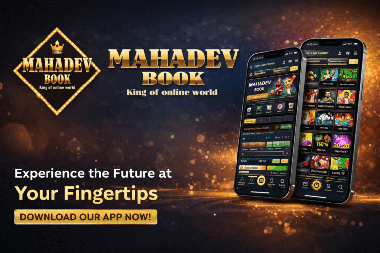 Download App Mahadev Book app download banner with logo – King of online world platform