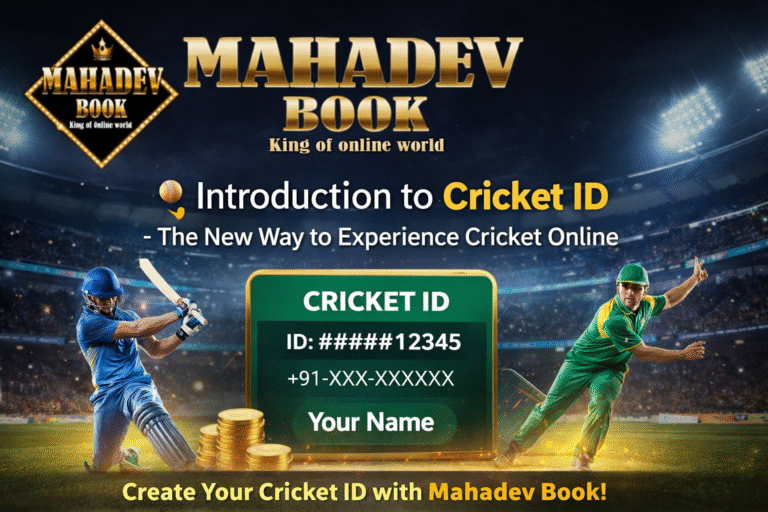 Mahadev Book Cricket ID online banner with live cricket stadium, player action and instant cricket ID signup