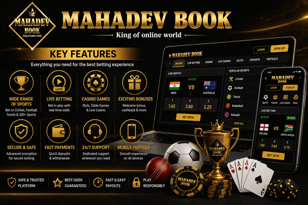 Mahadev Book key features including live betting, secure payments, and sports betting interface
