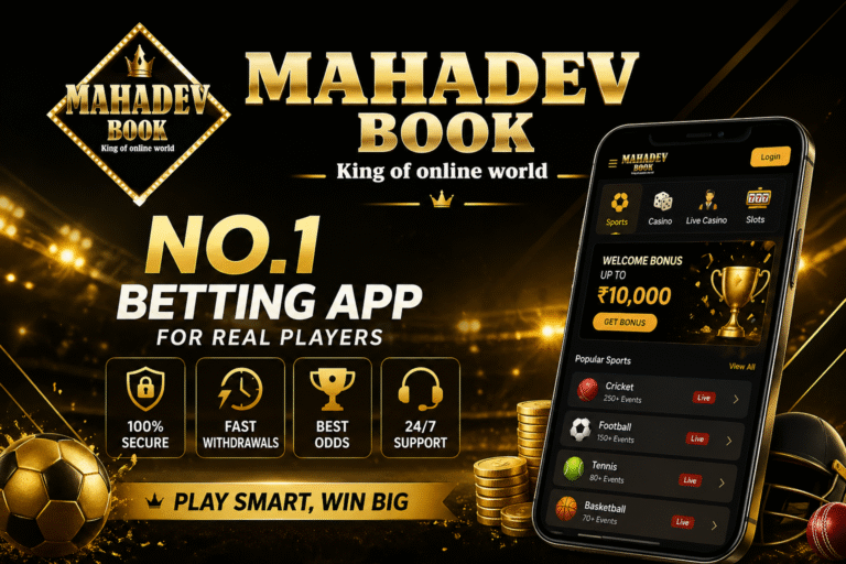Mahadev Book No. 1 betting app banner with logo and features