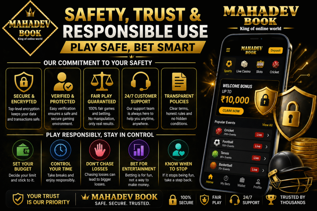 Mahadev Book secure betting app banner showing safety, trust, and responsible betting features