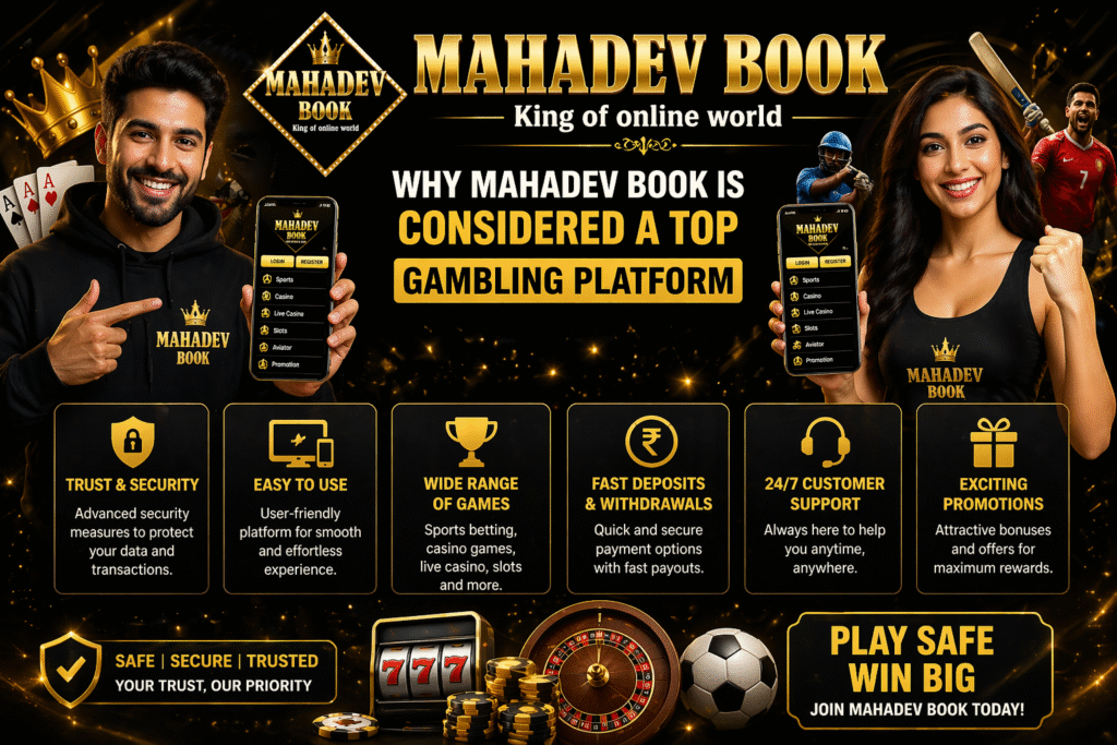 Mahadev Book top gambling platform banner with features and betting options