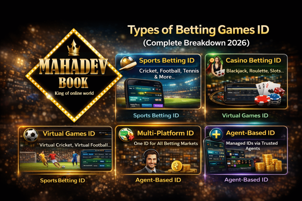 Types of betting games ID in India 2026 Mahadev Book banner showing sports betting, casino, virtual games and multi platform IDs