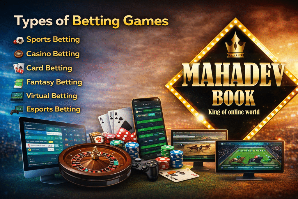 Types of betting games with Mahadev Book logo showing sports betting, casino betting, card games, fantasy sports, virtual betting and esports betting in India