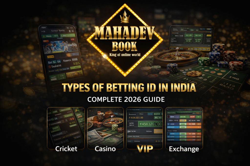 Types of Betting ID in India including cricket, casino, VIP and exchange with Mahadev Book platform interface