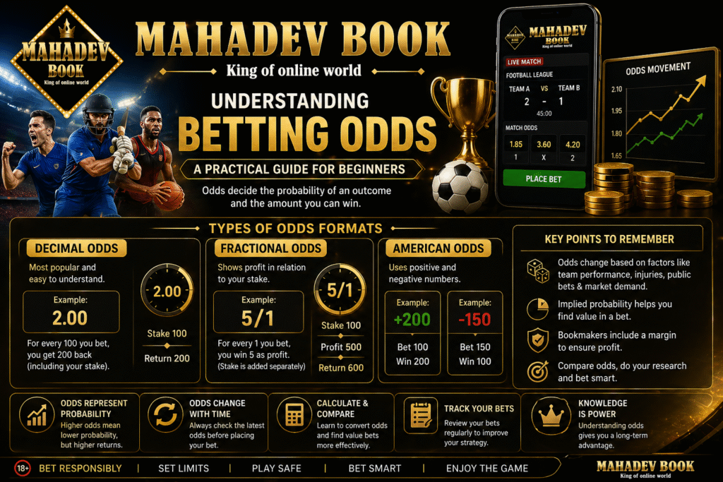 Mahadev Book banner explaining betting odds formats including decimal, fractional and American odds with examples
