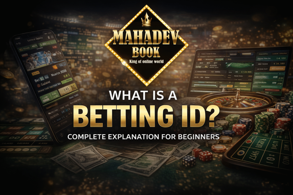 What is a Betting ID in India with Mahadev Book logo, showing cricket betting app, casino games, and online betting dashboard