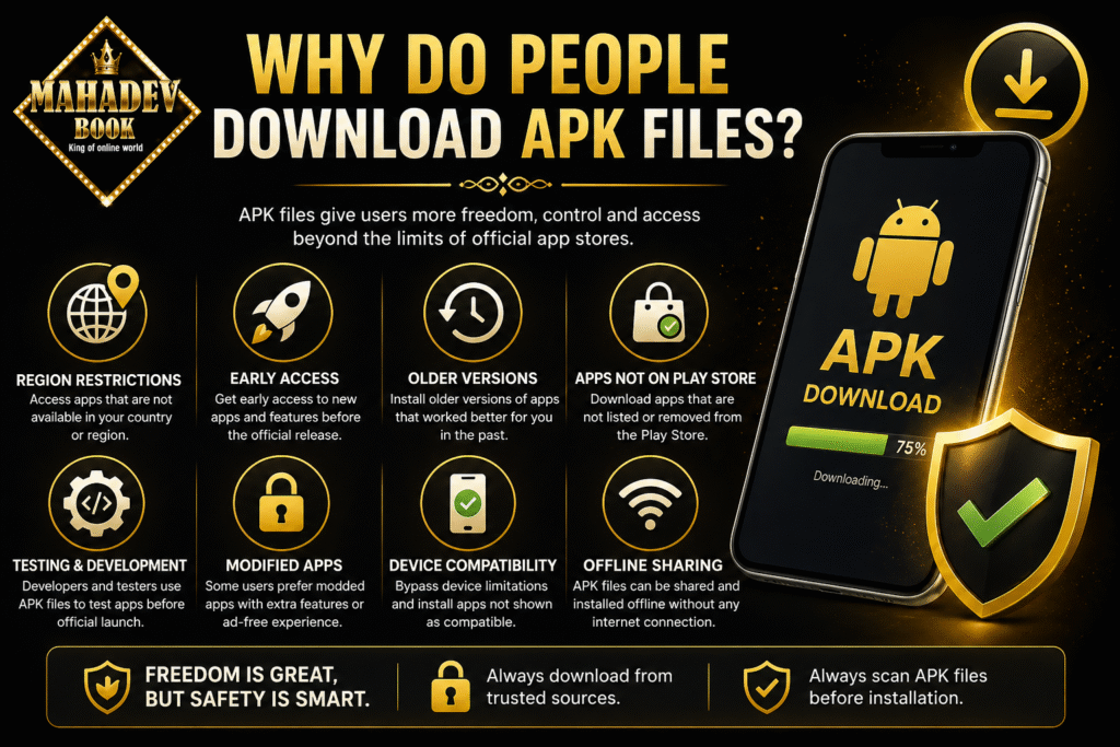 Why people download APK files infographic with Mahadev Book logo and Android APK benefits